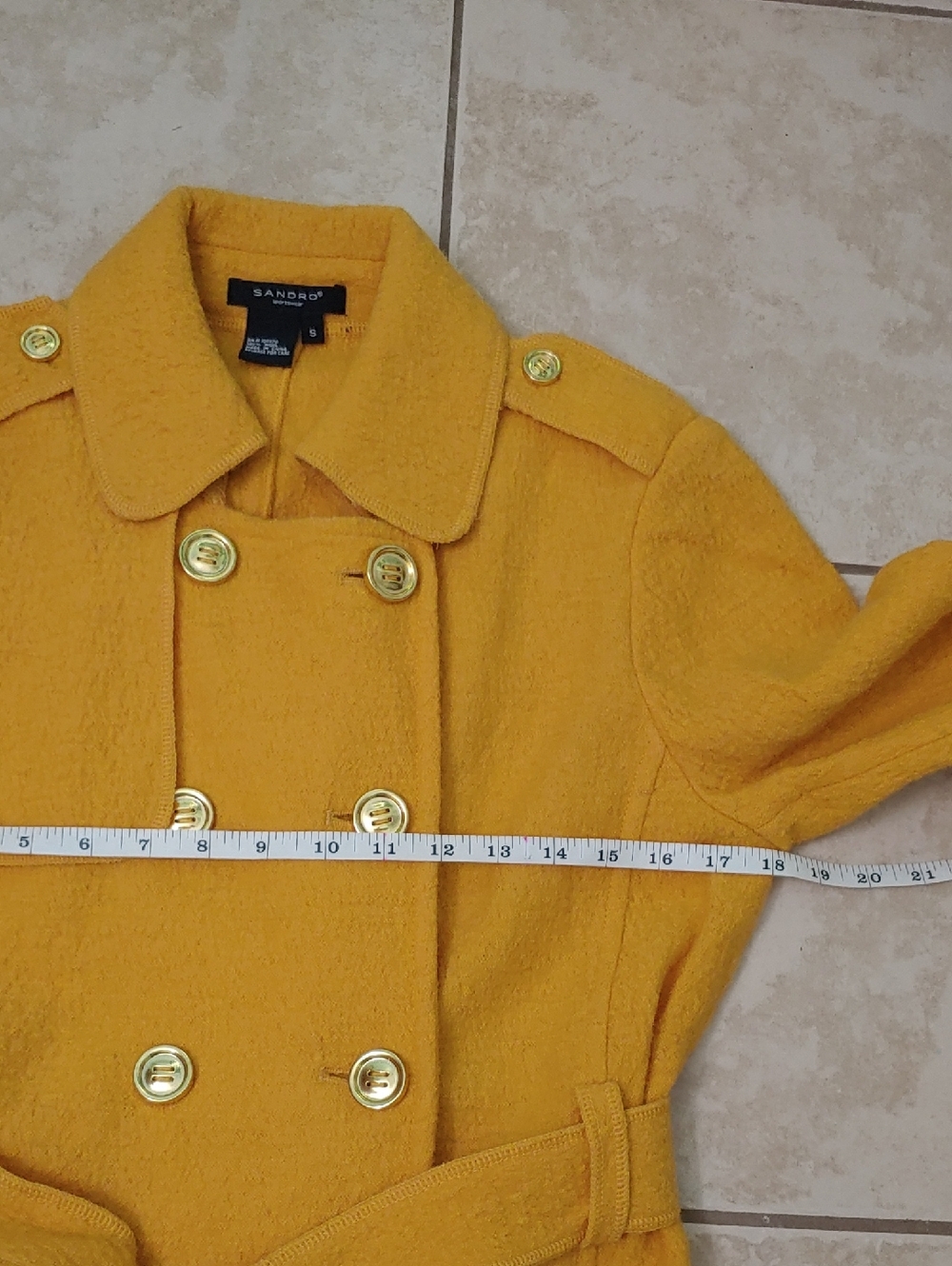 Vintage Sandro Wool Coat Military Women's Yellow Peacoat Size S - Picture 4 of 6